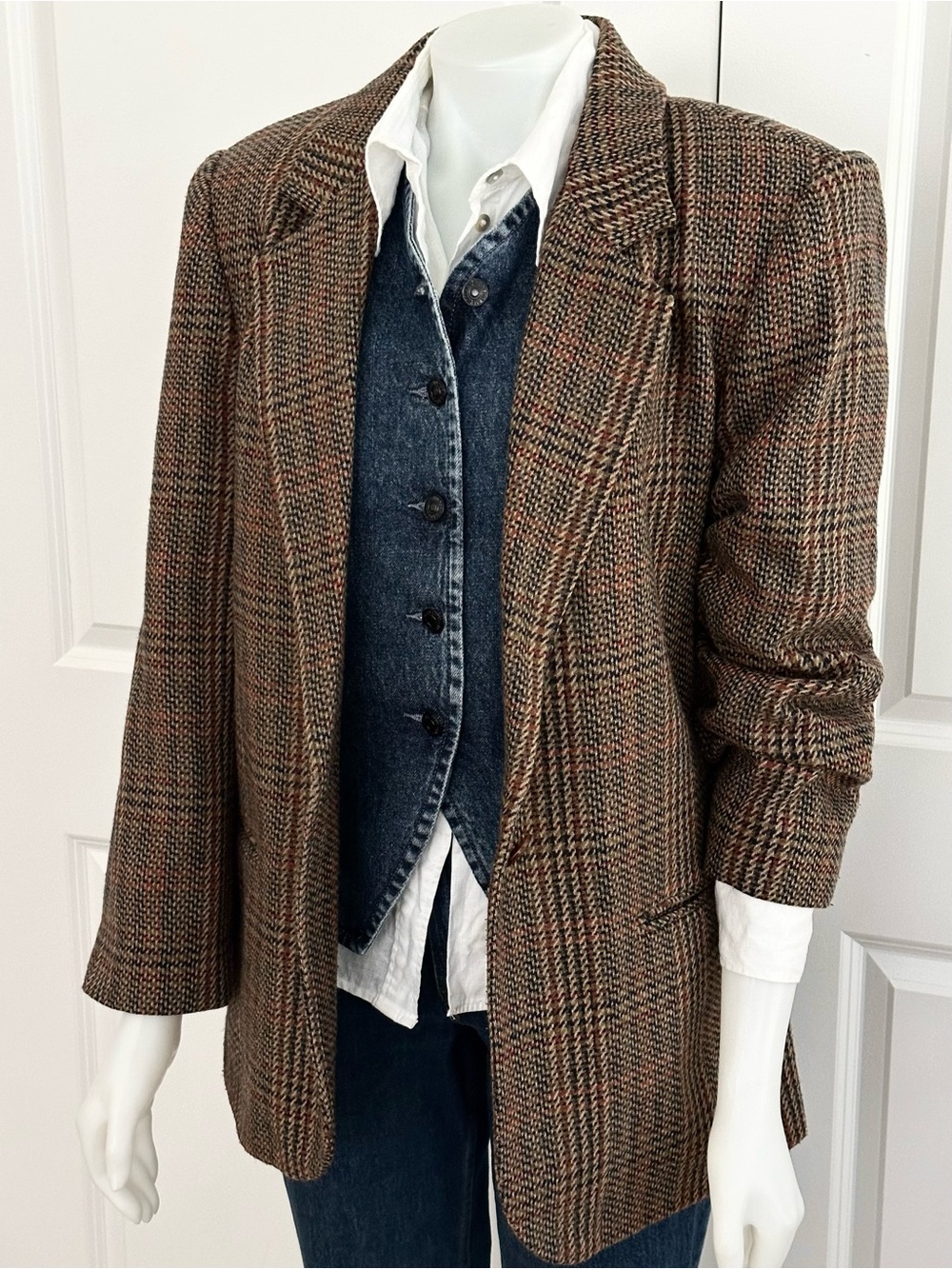 Vintage 90s Wool Blend Fall Brown Houndstooth Plaid Oversized Blazer Jacket